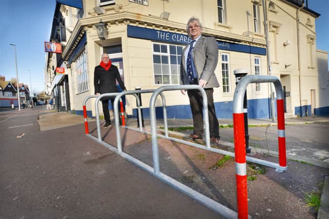 Councillor Nigel Sinden (right) and Rick Dillon pictured with the new bike rack in Silverhill. SUS-200112-140753001