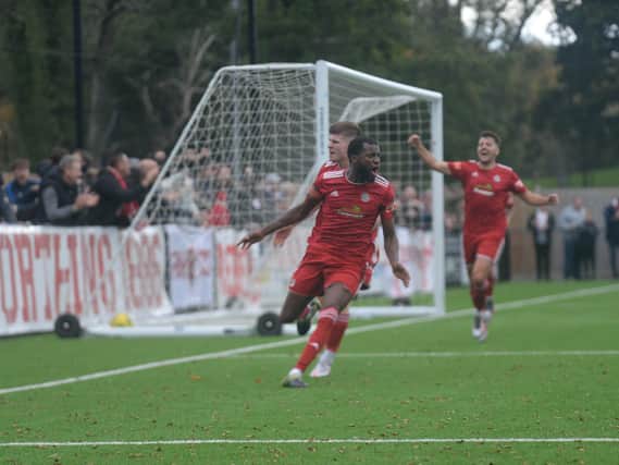 Mo Diallo scores against Bowers and Pitsea - but when will Worthing's next league game arrive? Picture: Marcus Hoare