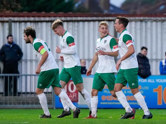 Bognor celebrate a goal against Tooting in the last round of the Trophy / Picture: Lyn Phillips
