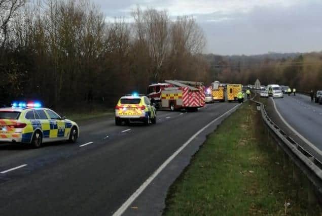 Emergency services at the scene of the collision on the A24. Picture: PC Glen McArthur of Roads Policing Sussex
