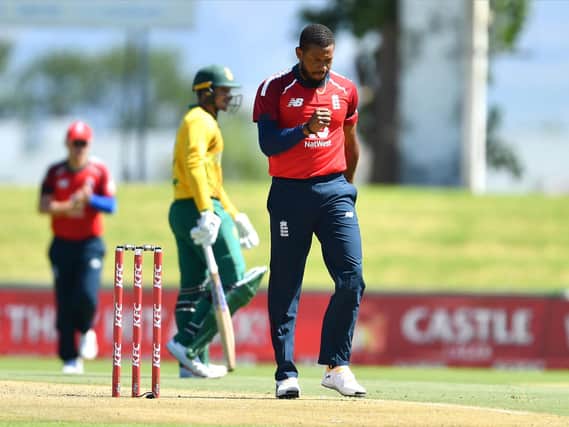 Chris Jordan celebrates a wicket during England's IT20 series win in South Africa / Picture: Getty