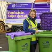 Cabinet member Penny Plant with the new food waste recycling bins for businesses