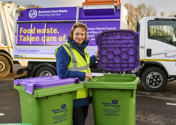 Cabinet member Penny Plant with the new food waste recycling bins for businesses