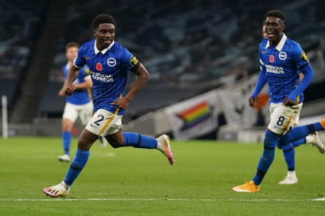Tariq Lamptey celebrates his first goal for Brighton at Tottenham
