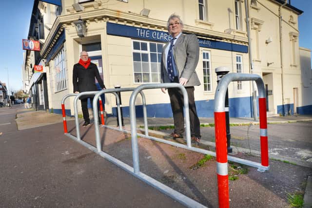 Councillor Nigel Sinden (right) and Rick Dillon pictured with the new bike rack in Silverhill. SUS-200112-140753001