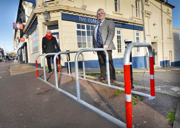 Councillor Nigel Sinden (right) and Rick Dillon pictured with the new bike rack in Silverhill. SUS-200112-140753001