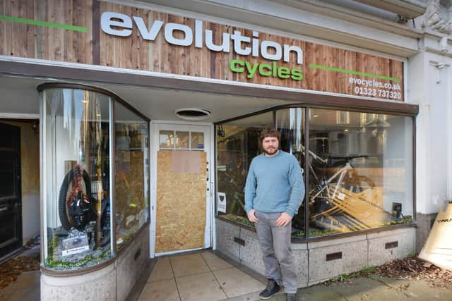 John Hodge, Ecommerce Manager, pictured outside Evolution Cycles, Meads Street, Eastbourne after they had a break in. SUS-201216-121520001