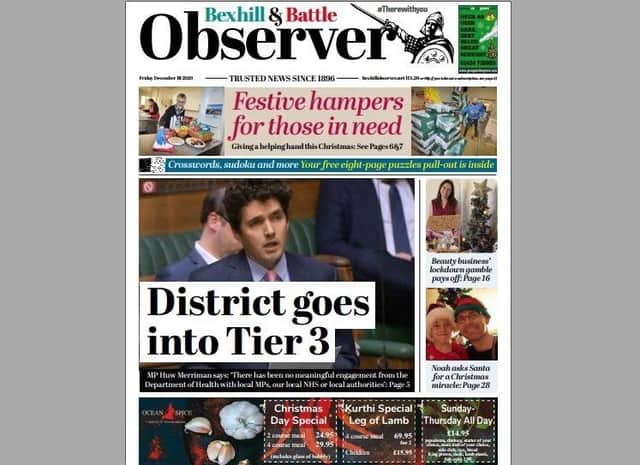 Today's front page of the Bexhill and Battle Observer SUS-201217-132922001