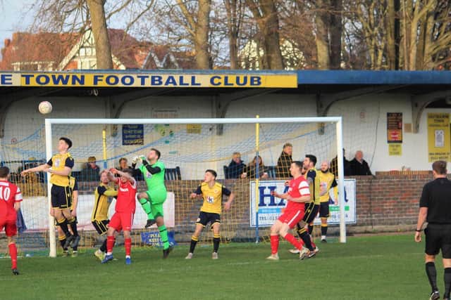 Goalmouth action at The Saffrons / Picture: Tim Hewlett