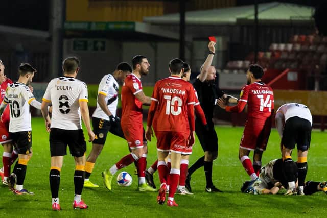 Tarryn Allarakhia is shown red against Newport County. Picture by UK Sports Images Ltd