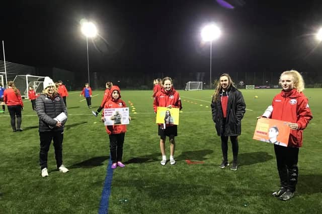 Lewes Pathway co-ordinator Alison Palmer, Lewes FC Women’s captain Rhian Cleverly and under-14s designers Esme Clarke, Ffion Carnell and Amelie Purcell;