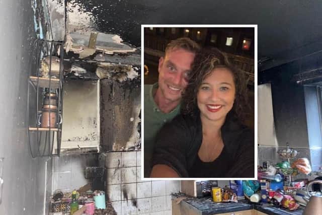Keira Sanded with her partner, Wayne Barrett, and her destroyed kitchen