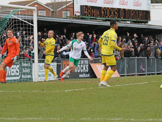 Snorre Nilsen writes himself into Bognor folklore with a goal that proved to be the winner against Torquay in an FA Trophy quarter-final at Nyewood Lane / Picture: Tim Hale