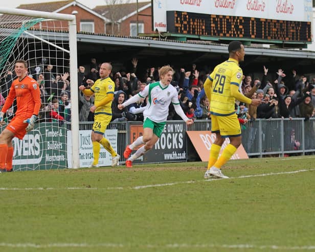 Snorre Nilsen writes himself into Bognor folklore with a goal that proved to be the winner against Torquay in an FA Trophy quarter-final at Nyewood Lane / Picture: Tim Hale