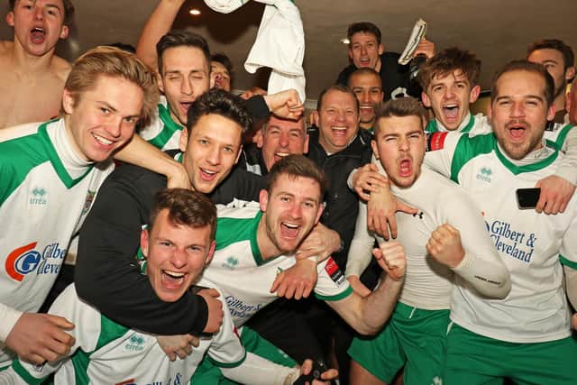 Snorre, front row, left, celebrates with his Bognor team-mates after their win over Torquay / Picture: Tim Hale