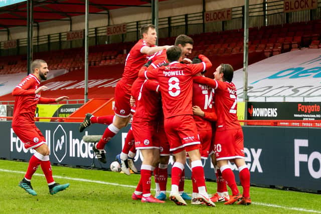 Crawley players celebrate Nick Tsaroulla's goal. Picture: UK Sports Images Ltd