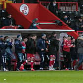 The Crawley Town bench at the end of the game. Picture by UK Sports Images Ltd