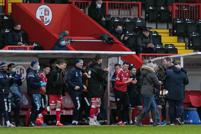 The Crawley Town bench at the end of the game. Picture by UK Sports Images Ltd