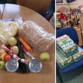 Left: The original food parcel contents. Right: The extra food provided by Tesco