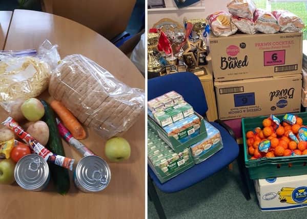 Left: The original food parcel contents. Right: The extra food provided by Tesco