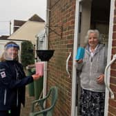 Ashington Neighbourhood warden Christine Arnold delivers a Brew Monday goodie bag