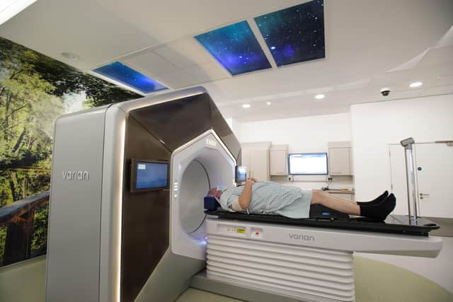 Petient Peter Gable and the Ethos radiotherapy machine
