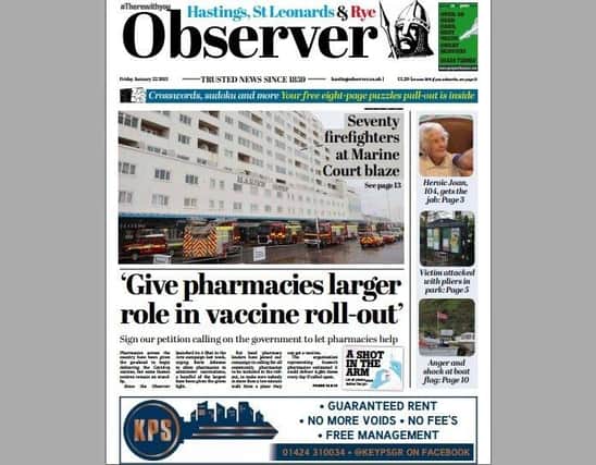 Today's front page of the Hastings and Rye Observer SUS-210121-130449001