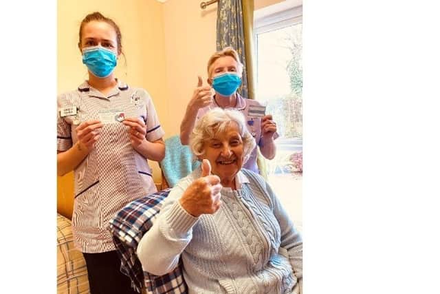 Beryl Haffenden (Bowes House resident), Claire Millns (team leader) and Crystal Hands (nurse) SUS-210128-142418001