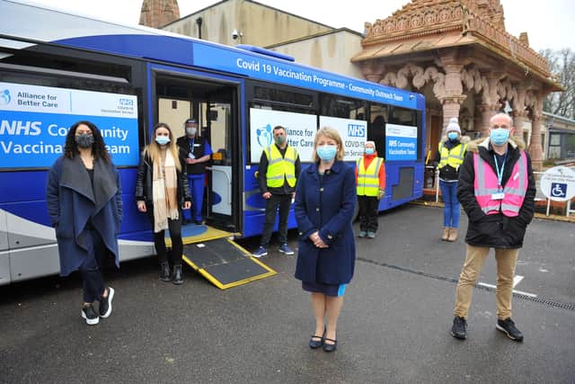 Mobile vaccination bus at the Apple Tree Centre, Ifield Avenue, Crawley. Pic Steve Robards SR2102012 SUS-210102-190853001