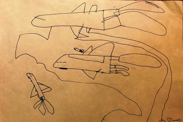 A drawing of three jets by six-year-old Jean-Claude Guertin in 1981