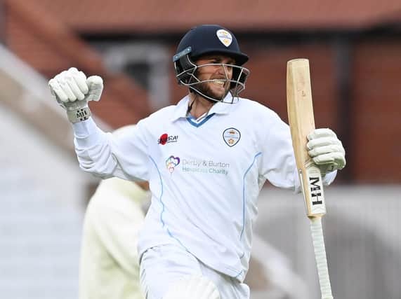 Fynn Hudson-Prentice celebrates hitting the wining runs for Derbyshire against Nottinghamshire in the Bob Willis Trophy last season. 				                   Picture: Getty Images