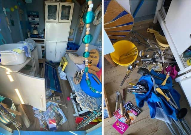 The inside of one of the beach huts which was turned 'upside down' by intruders