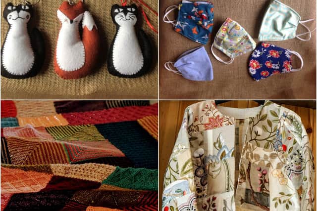 Jackie's cats and foxes, Julie's face masks, Maggie's throw and Pearl's patchwork jacket