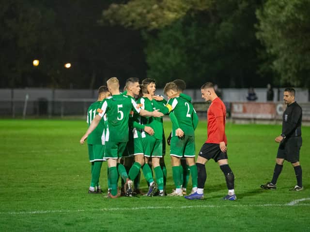 Chichester City celebrate a goal in their most recent competitive game - against Saltdean in the Sussex Senior Cup on November 3 / Picture: Neil Holmes