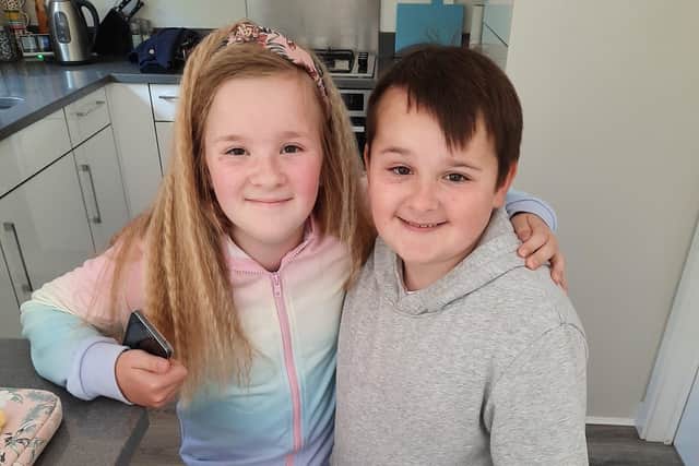 Charlie and twin sister Megan are being home-schooled during lockdown. Picture: Brain Tumour Research