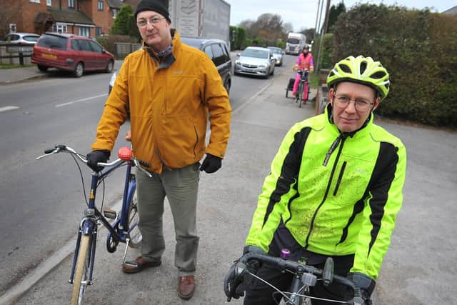 Chichester to Emsworth Cycle Route Proposal, Main Road, Nutbourne, Chichester with Andrew Gould (yellow top) and Mark Record (mustard top). Pic Steve Robards SR2102111 SUS-211102-203746001