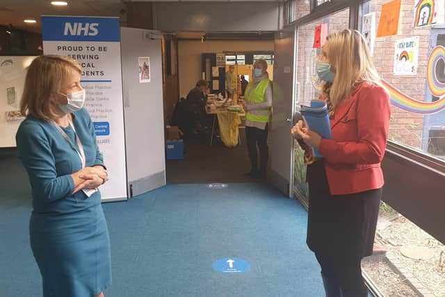 Mims Davies MP visits vaccination centre in Haywards Heath as South East vaccine numbers pass two million. Picture: DWP SUS-210213-125822001