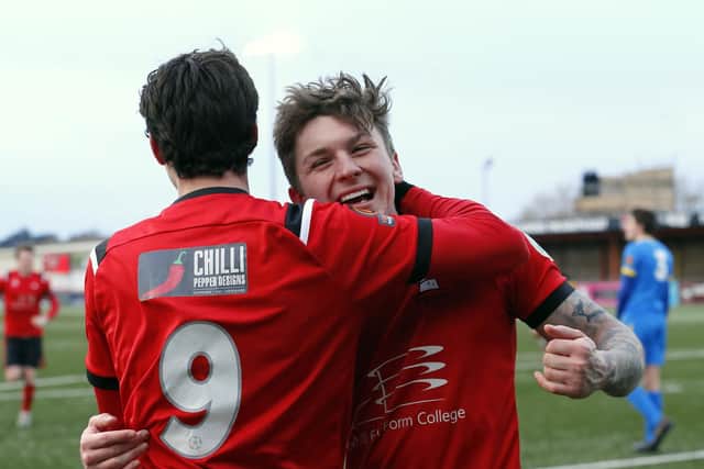 Eastbourne celebrate Greg Luer's goal / Pictures: Lydia and Nick Redman