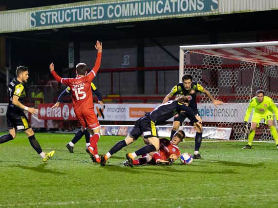 Crawley appeal for a penalty against Stevenage / Picture: UK Sports Images / Jamie Evans