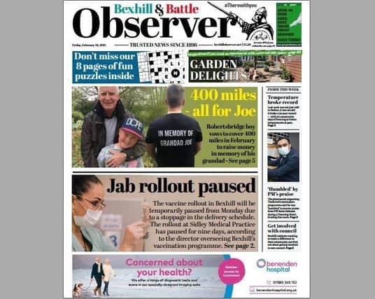 Today's front page of the Bexhill and Battle Observer SUS-210218-132528001