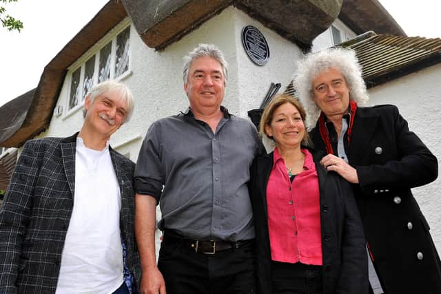 Homeowners Matt Davison and Teresa Desantis with Brian May and John Mason from South Downs Planetarium at the blue plaque unveiling. Picture: Steve Robards SR1910689