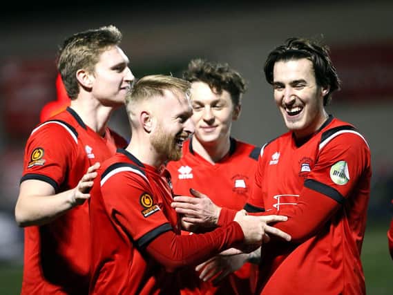 The last celebration of the season - as Eastbourne Borough beat Billericay, not knowing at the time it was their final game / Picture: Andy Pelling
