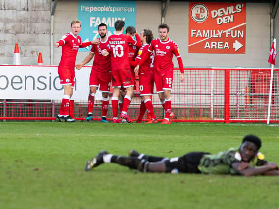 Colchester are floored as Crawley celebrate James Tilley's late, late winner / Picture: UK Sports Images/Jamie Evans