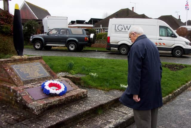 Bill Kelsey, chairman of the Chaucery Memorial committee, laying a wreath to mark the 76th anniversary of the plane crash