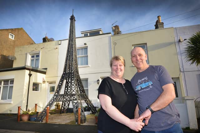 Nick and Bernie Charman pictured with their Eiffel Tower model, Alma Terrace, Silverhill, St Leonards. Pic Justin Lycett SUS-210223-090525001