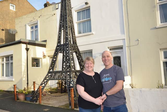 Nick and Bernie Charman pictured with their Eiffel Tower model, Alma Terrace, Silverhill, St Leonards. Pic Justin Lycett SUS-210223-090512001