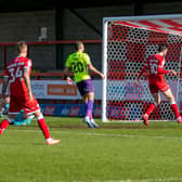 Ashley Nadesan scores against Exeter City on Saturday