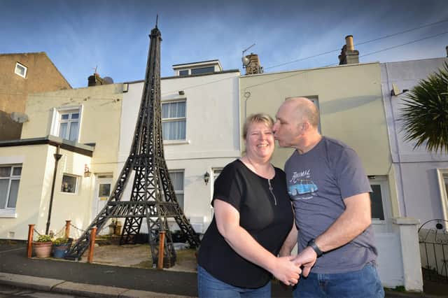 Nick and Bernie Charman pictured with their Eiffel Tower model, Alma Terrace, Silverhill, St Leonards. Pic Justin Lycett SUS-210223-090458001