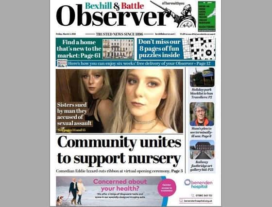 Today's front page of the Bexhill and Battle Observer SUS-210403-120910001