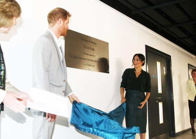 DM18100164a.jpg. Harry and Meghan, the Duke and Duchess of Sussex, open the University of Chichester's Tech Park. Photo by Derek Martin Photography SUS-180310-145902008